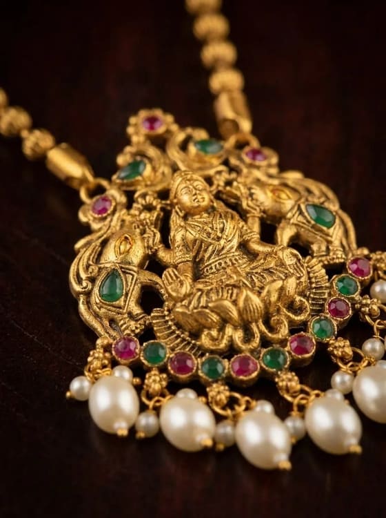 Twin Parrot Lakshmi Temple Pendant - Pearl Drops - Pendant from Saubhagya Jewellery
