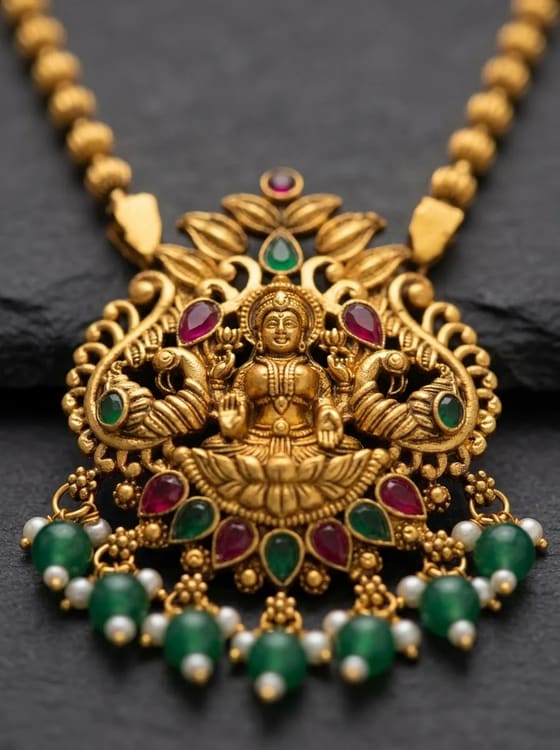 Lotus Crest Lakshmi Temple Pendant - Green Bead Drops - Pendant from Saubhagya Jewellery