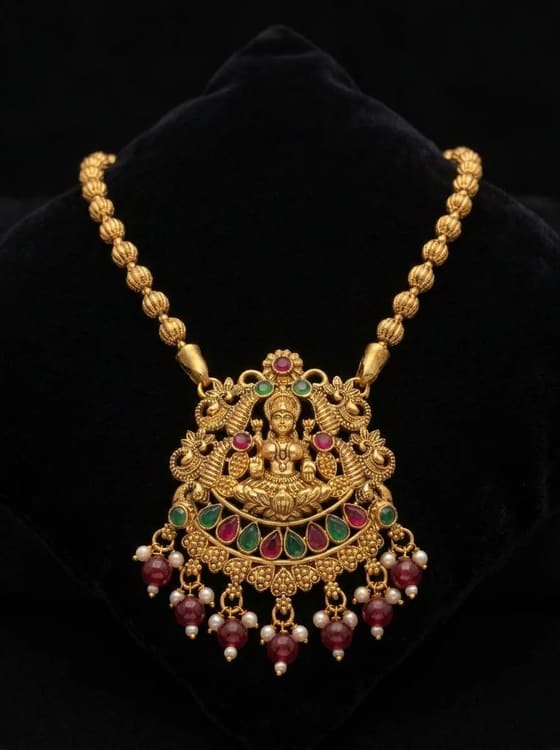Peacock Fan Lakshmi Temple Pendant - Maroon Bead Drops - Pendant from Saubhagya Jewellery