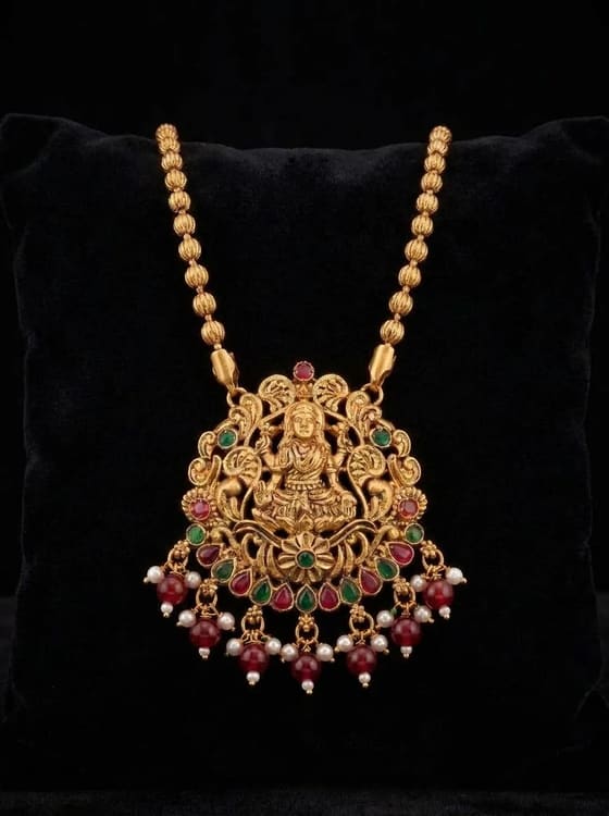 Ornate Peacock Lakshmi Temple Pendant - Maroon Bead Drops - Pendant from Saubhagya Jewellery