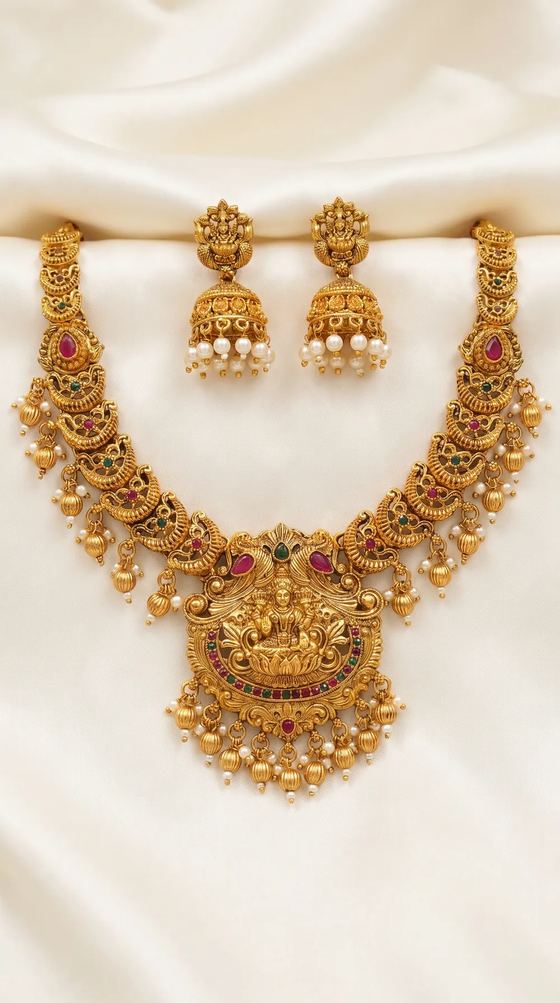Lakshmi Mango Temple Necklace Set with Jhumkas - Gold Bead Drops - Necklace from Saubhagya Jewellery