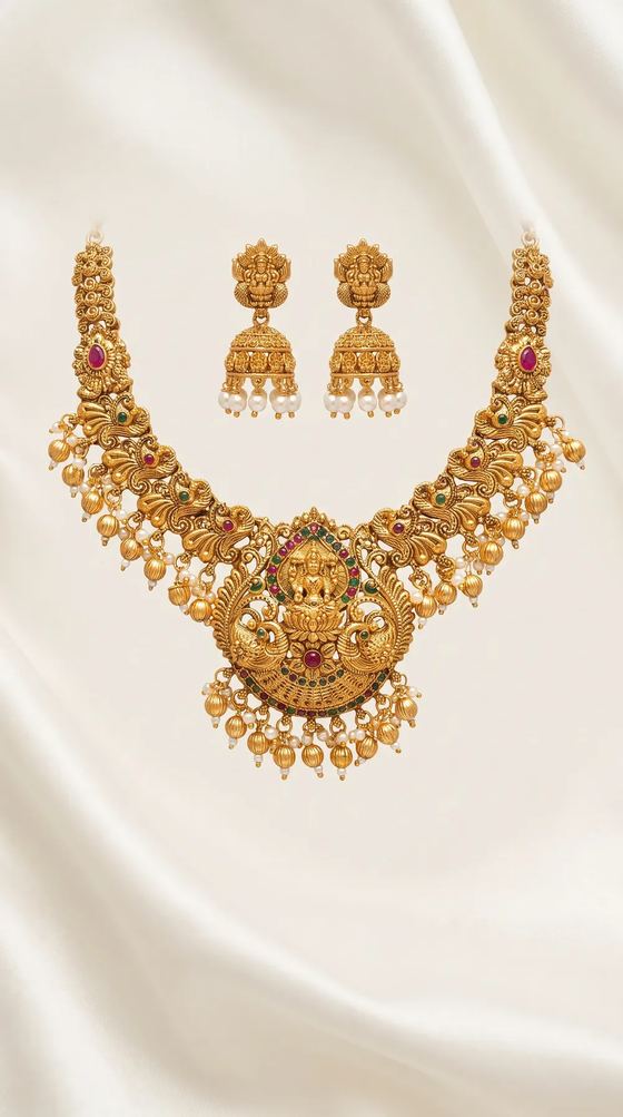 Lakshmi Peacock Temple Necklace Set with Jhumkas - Gold Bead Drops - Necklace from Saubhagya Jewellery