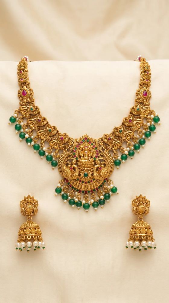 Lakshmi Peacock Temple Haar Necklace Set with Jhumkas - Gold Bead Drops - Necklace from Saubhagya Jewellery