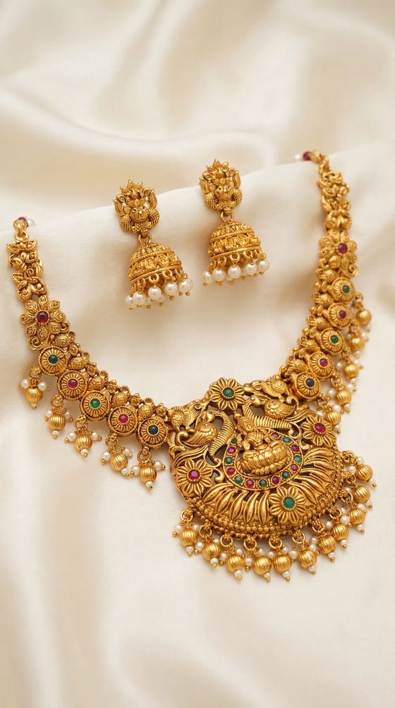 Lakshmi Floral Rosette Temple Necklace Set with Jhumkas - Gold Bead Drops - Necklace from Saubhagya Jewellery