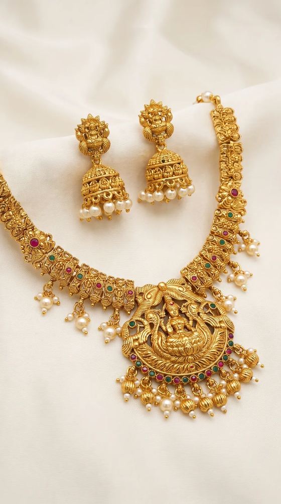 Lakshmi Arch Temple Necklace Set with Jhumkas - Gold Bead Drops - Necklace from Saubhagya Jewellery
