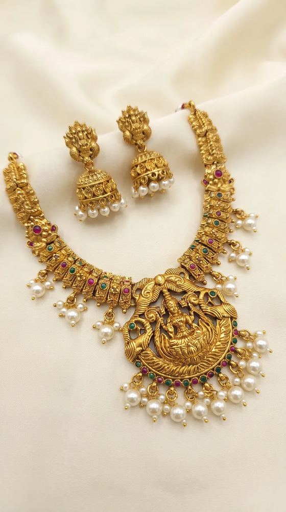 Lakshmi Arch Temple Haar Necklace Set with Jhumkas - Gold Bead Drops - Necklace from Saubhagya Jewellery