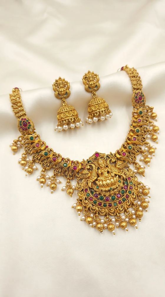 Lakshmi Kemp Stone Temple Necklace Set with Jhumkas - Gold Bead Drops - Necklace from Saubhagya Jewellery