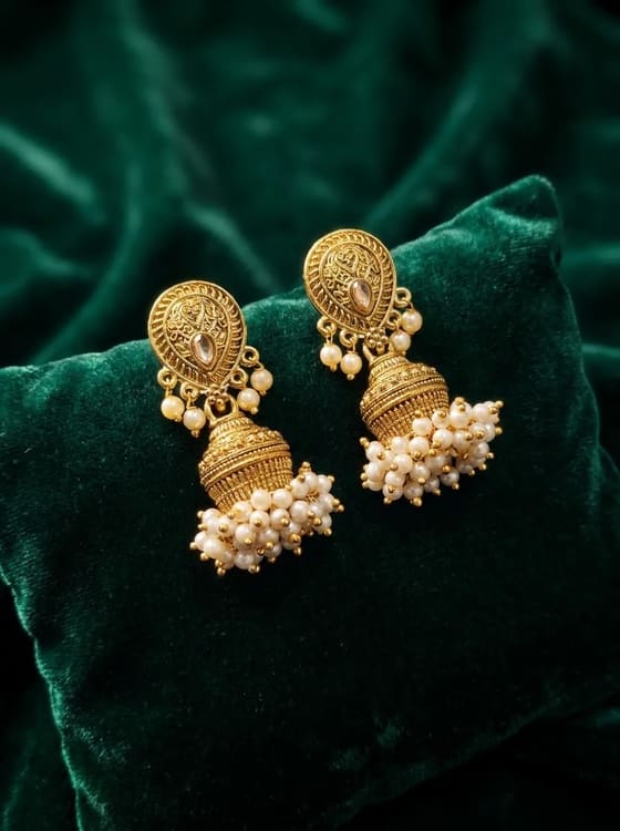 Antique Gold South Indian Jhumka - Scrollwork Top - Earring from Saubhagya Jewellery