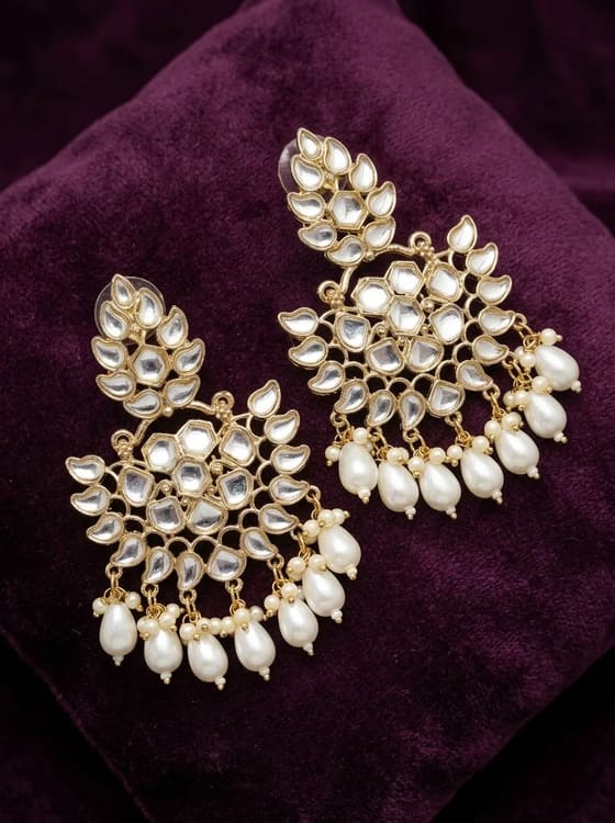 Kundan Leaf Chandbali Earrings with Pearl Drops - Earring from Saubhagya Jewellery