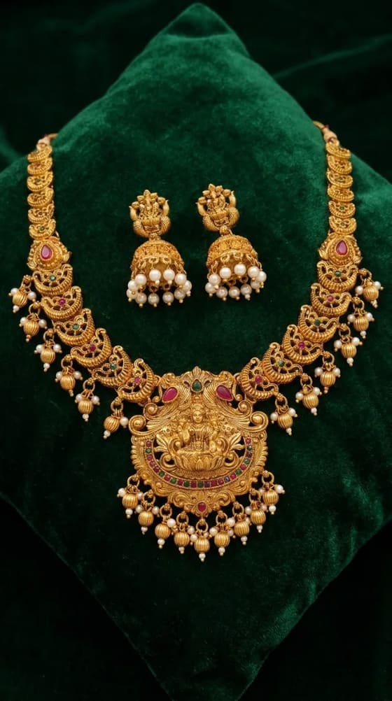 Lakshmi Mango Temple Haar Necklace Set with Jhumkas - Gold Bead Drops - Necklace from Saubhagya Jewellery