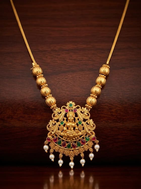 Lakshmi Temple Pendant - Gold Bead Chain, Pearl Drops - Pendant from Saubhagya Jewellery
