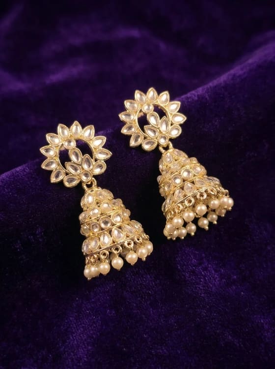Lotus Kundan Jhumka Earrings with Pearl Drops - Earring from Saubhagya Jewellery