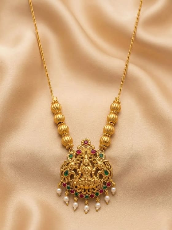 Ornate Peacock Arch Lakshmi Pendant - Gold Bead Chain - Pendant from Saubhagya Jewellery