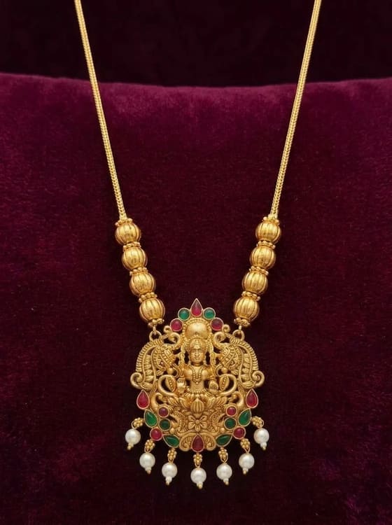 Regal Crown Lakshmi Pendant - Gold Bead Chain - Pendant from Saubhagya Jewellery