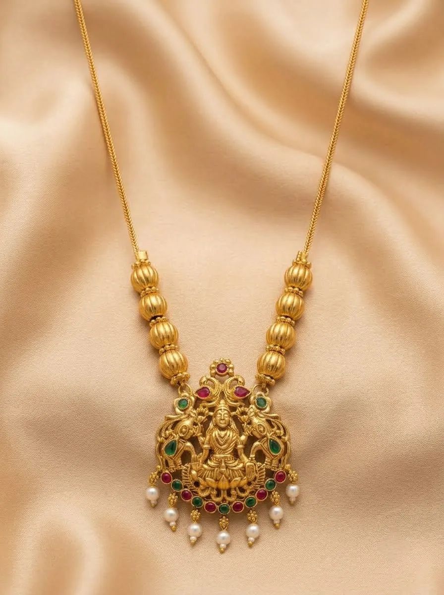 Ornate Peacock Arch Lakshmi Pendant - Gold Bead Chain