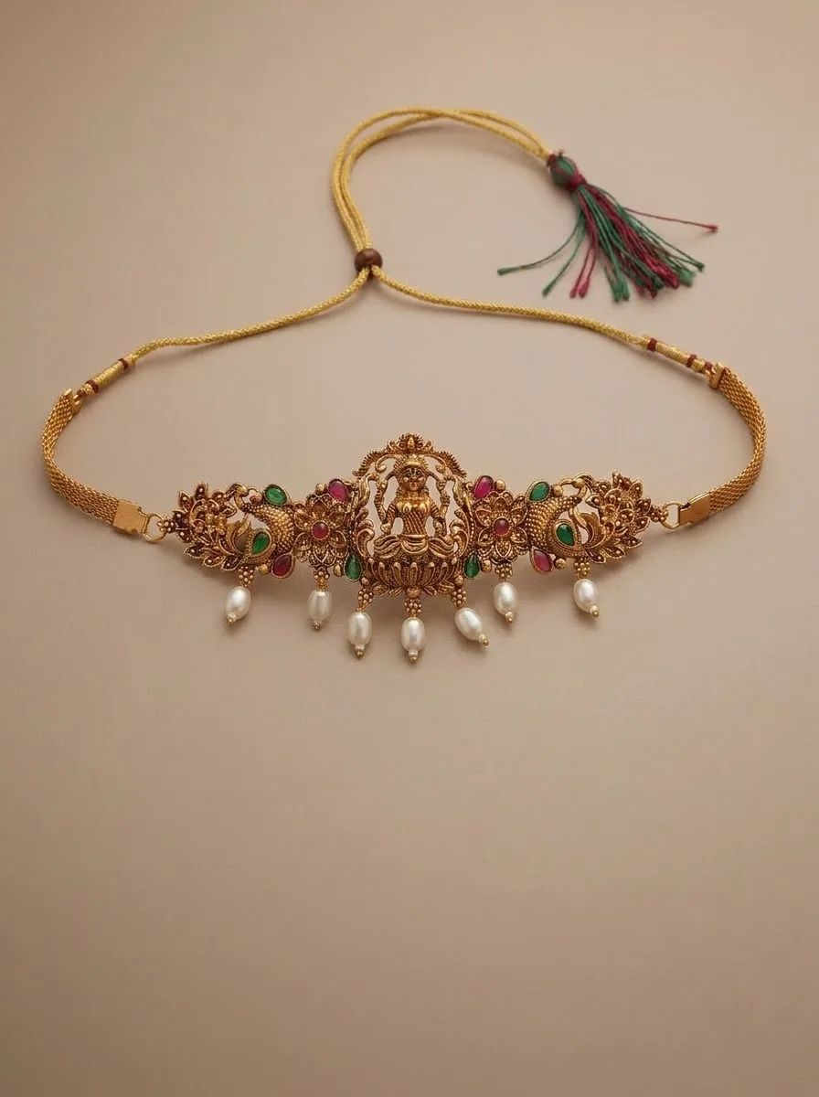 Wide Floral Lakshmi Temple Choker - Pearl Drops